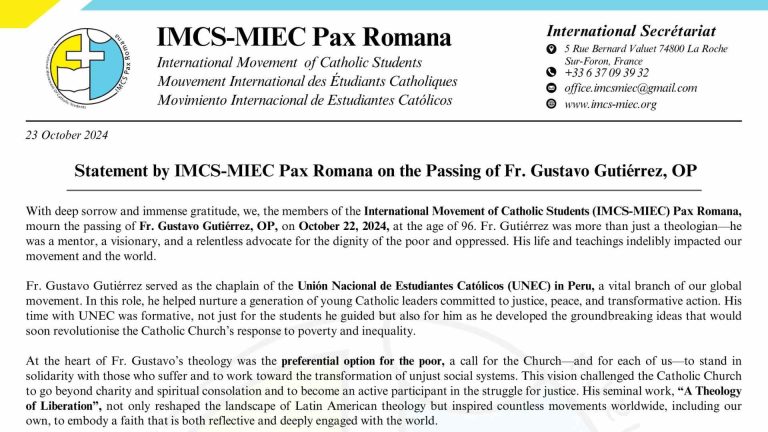 Statement by IMCS-MIEC Pax Romana on the Passing of Fr. Gustavo Gutiérrez, OP